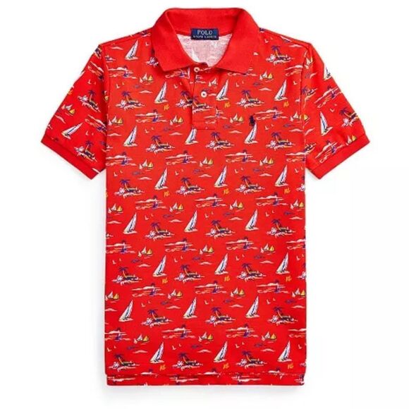 Polo Ralph Lauren Red Nautical Polo Shirt Boys Size 5 (No 🏷️ Boats,Palms,Islands - Picture 1 of 17